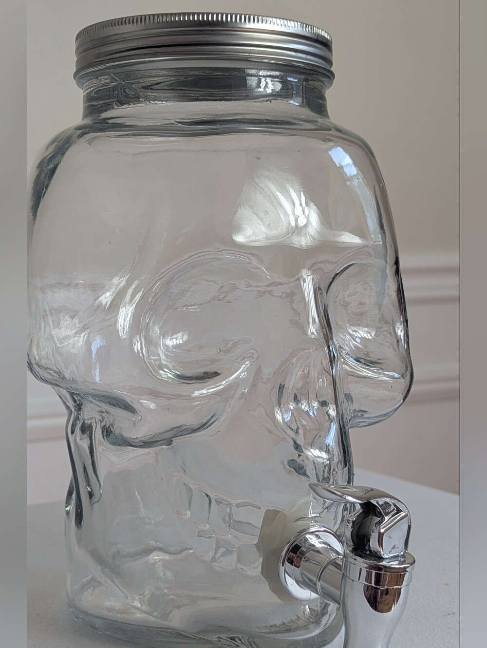 Glass Skull Beverage Dispenser Clear Glass Spigot Tap Barware Party Decor